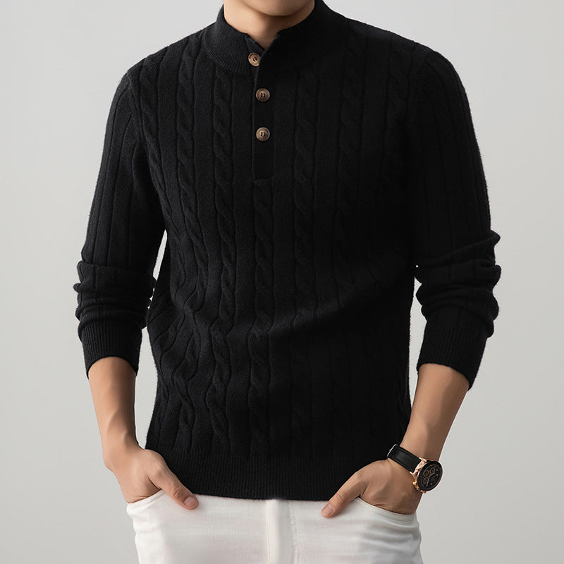 Half-height Henry Collar Button Twisted Sweater Thick Fashion Men&