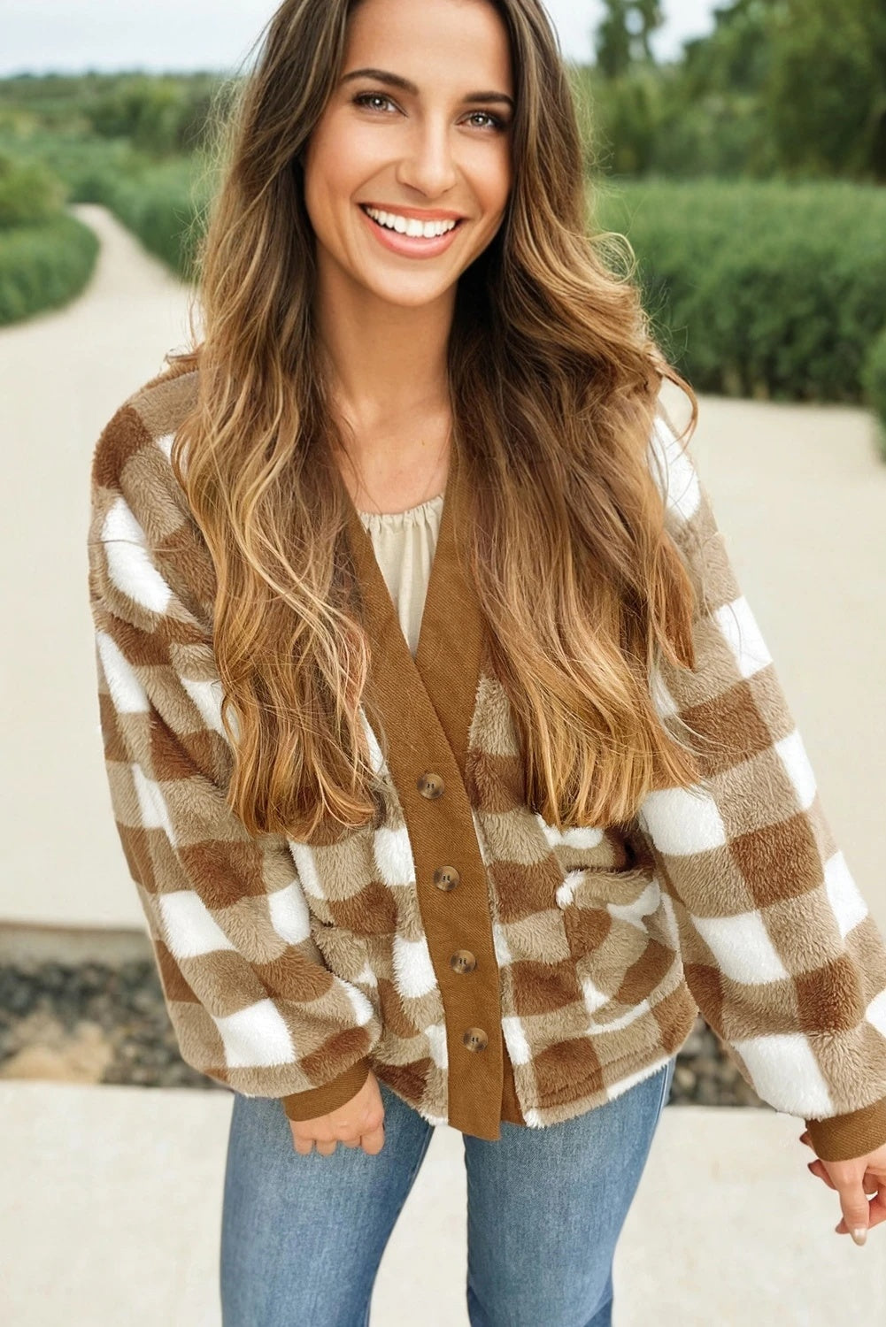 Brown Plaid Lambswool Loose Knitted Cardigan Coat