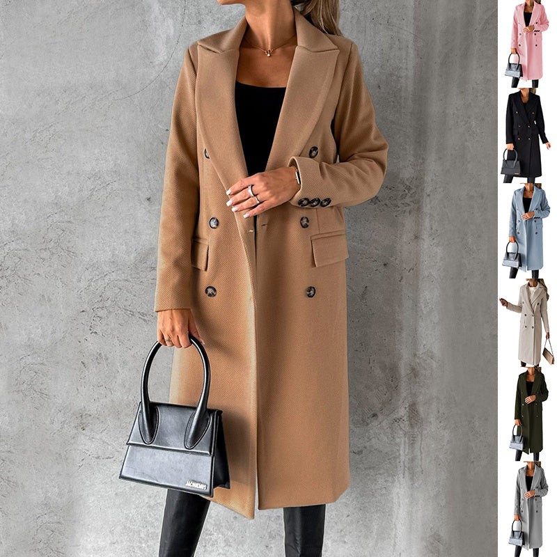 Double Breasted Lapel Coat Winter Fashion Solid Slim Long Jacket Long Sleeve Tops Womens Clothing
