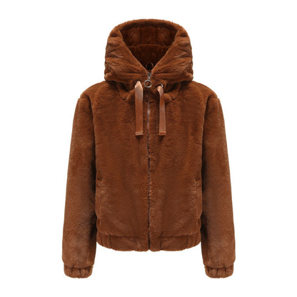 Plush Coat Hooded Long Sleeve Warm-keeping Cotton Clothing Short Top For Women