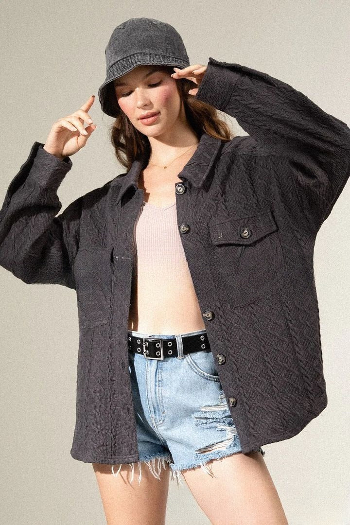 Fashion Large Pocket Twist Knitted Shirt Coat