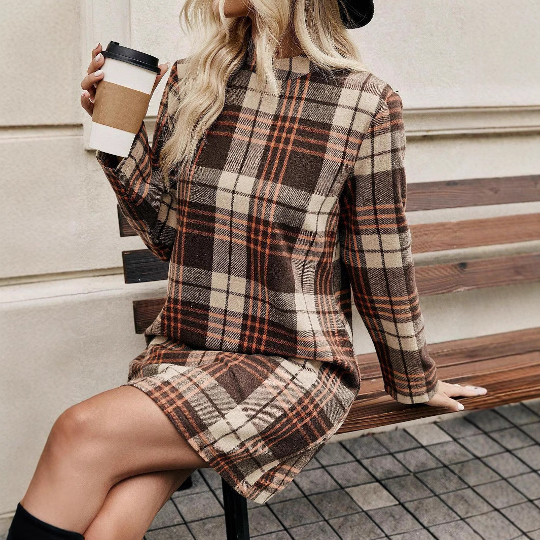 European And American Long Sleeve Plaid Dress Women&