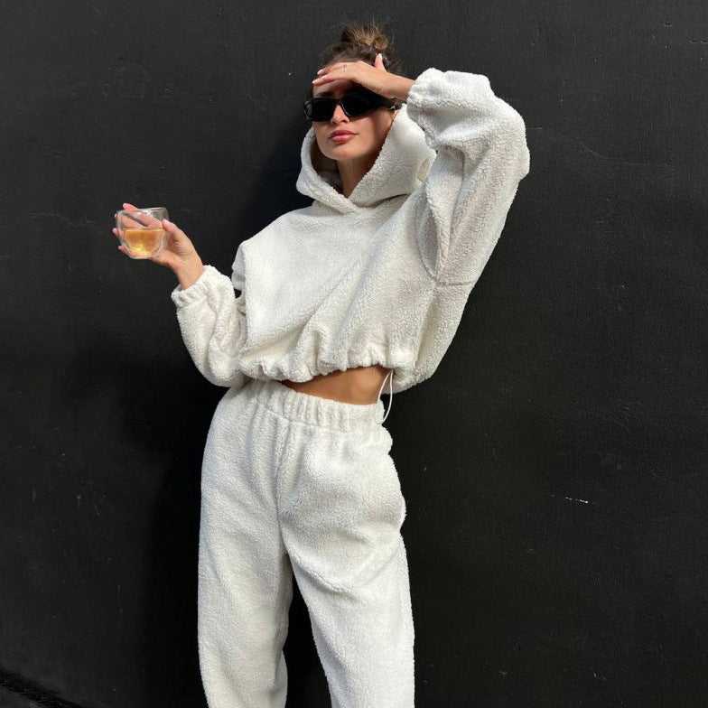 Polar Fleece Round Neck Pullover Long Sleeve Two-piece Set Smart Trousers Suit