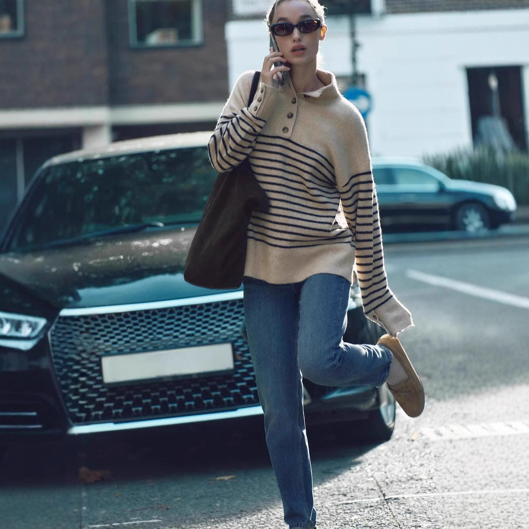 Mock-neck Stripes Sweater Sweater For Women