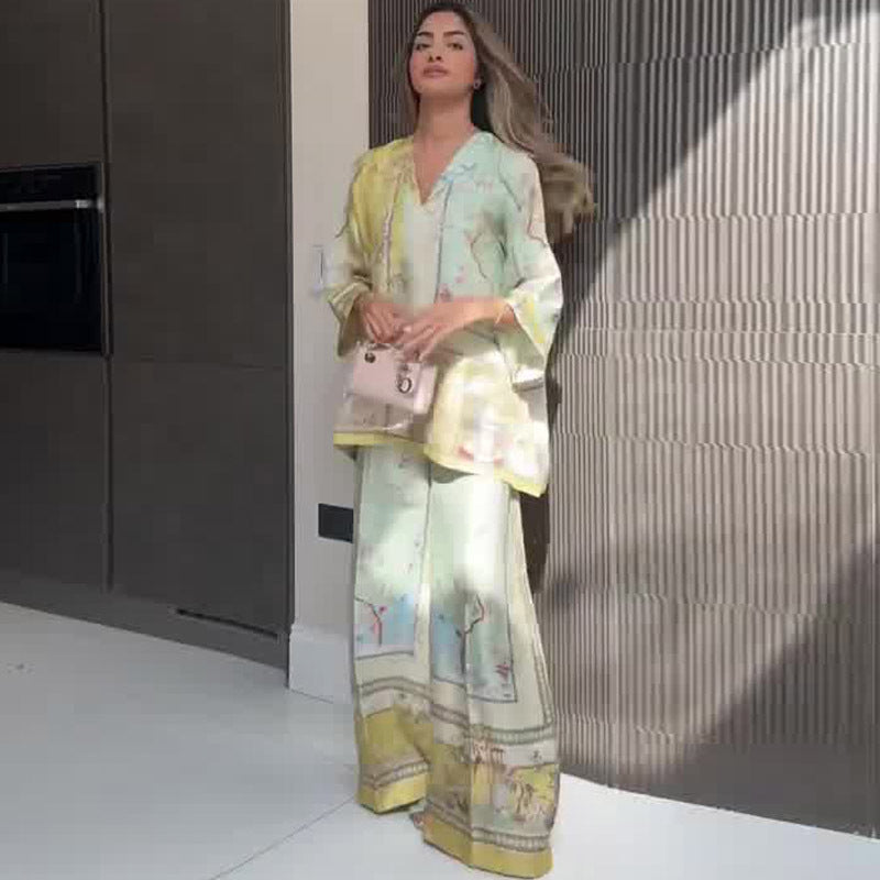 Elegant Positioning Printed Top Wide Leg Pants Two-piece Set