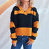 Contrast Color Striped Knitted Lapel Commuter Long Sleeve Women&