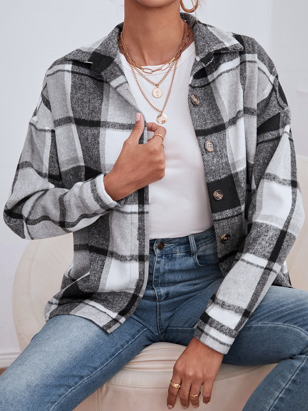 Lapel Single Breasted Cardigan Plaid Woolen Temperament Commute
