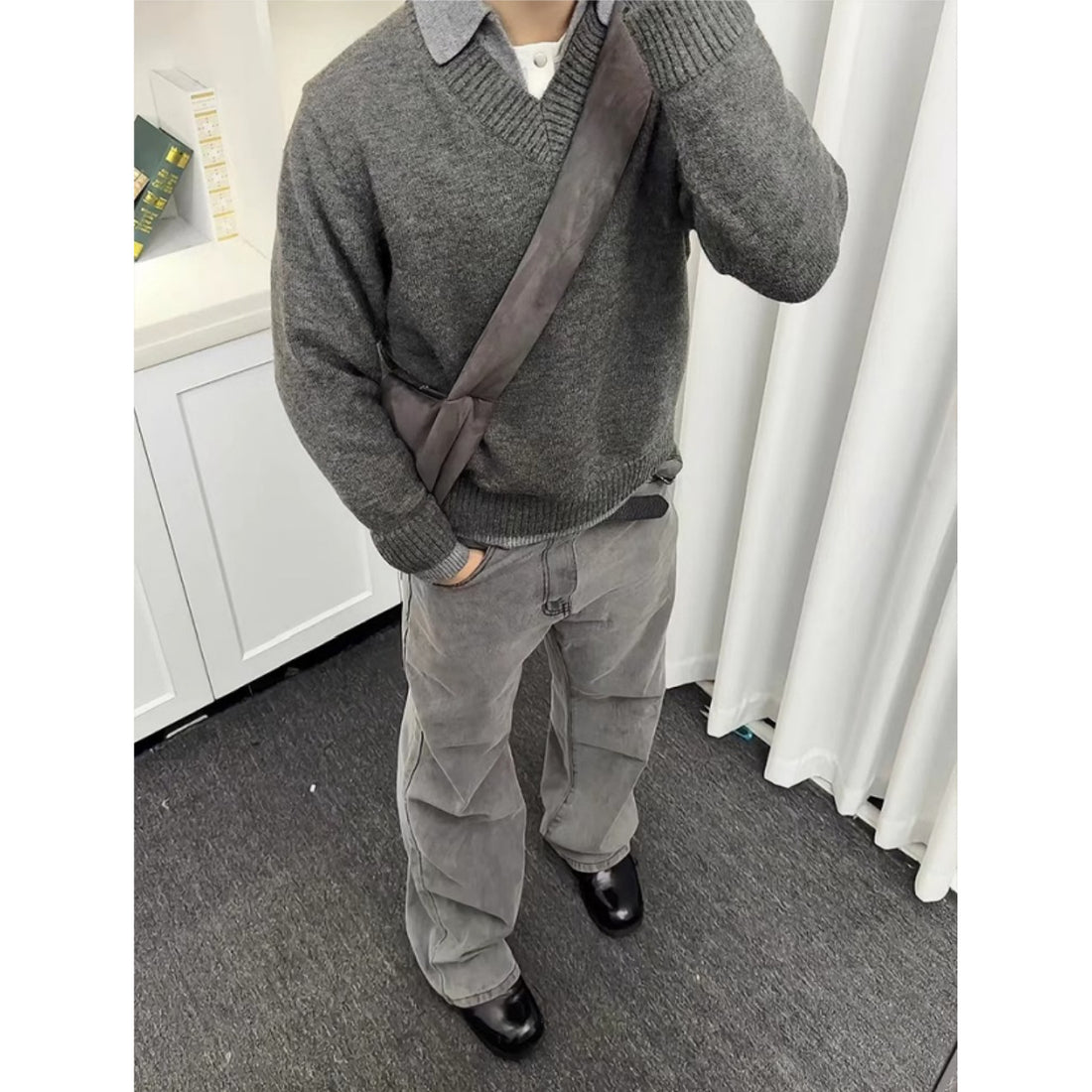 Vintage Fake Two-piece V-neck Sweater Men&