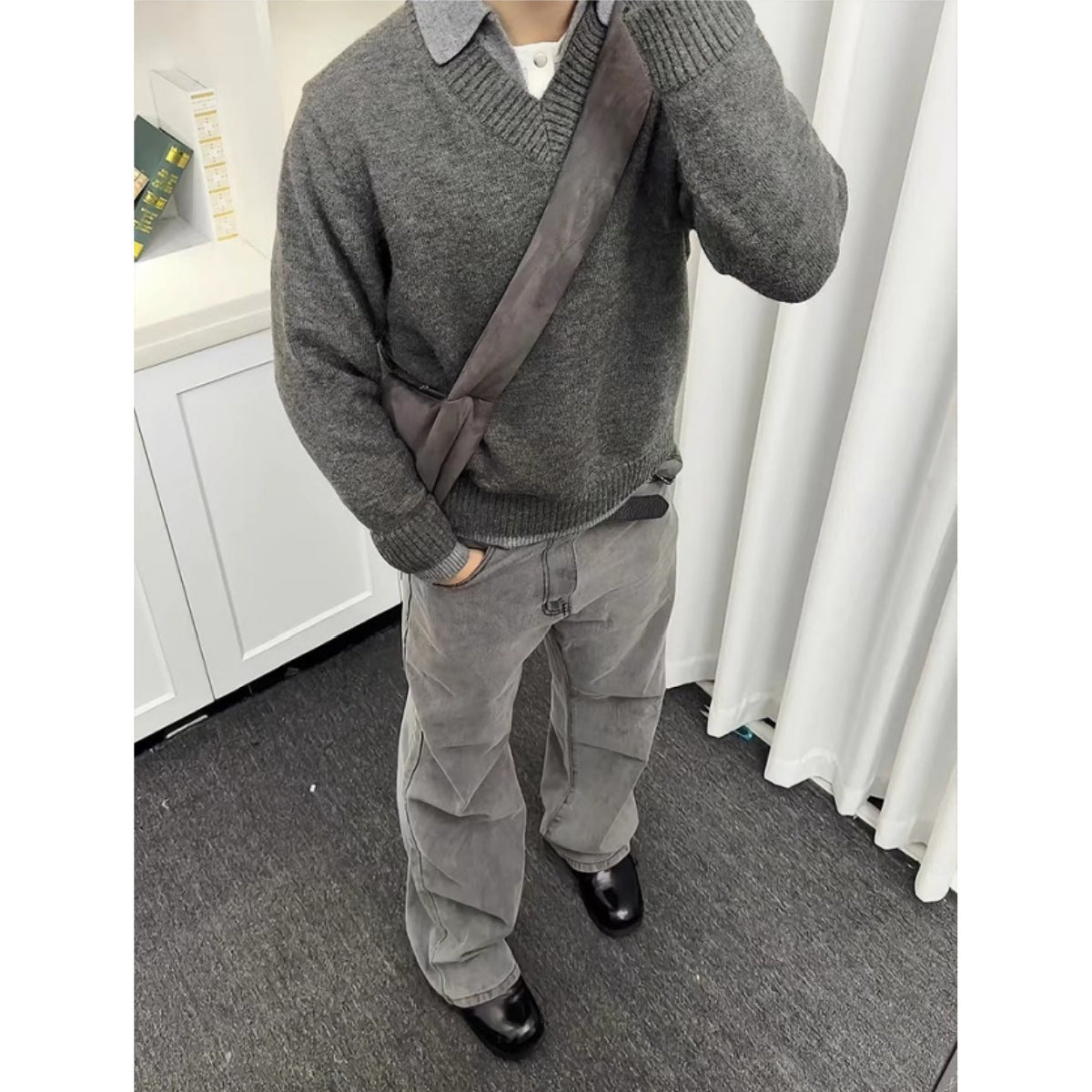 Vintage Fake Two-piece V-neck Sweater Men&