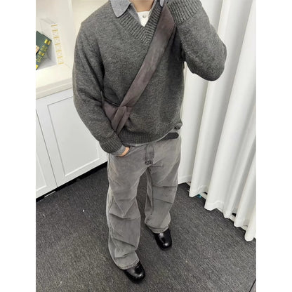 Vintage Fake Two-piece V-neck Sweater Men&